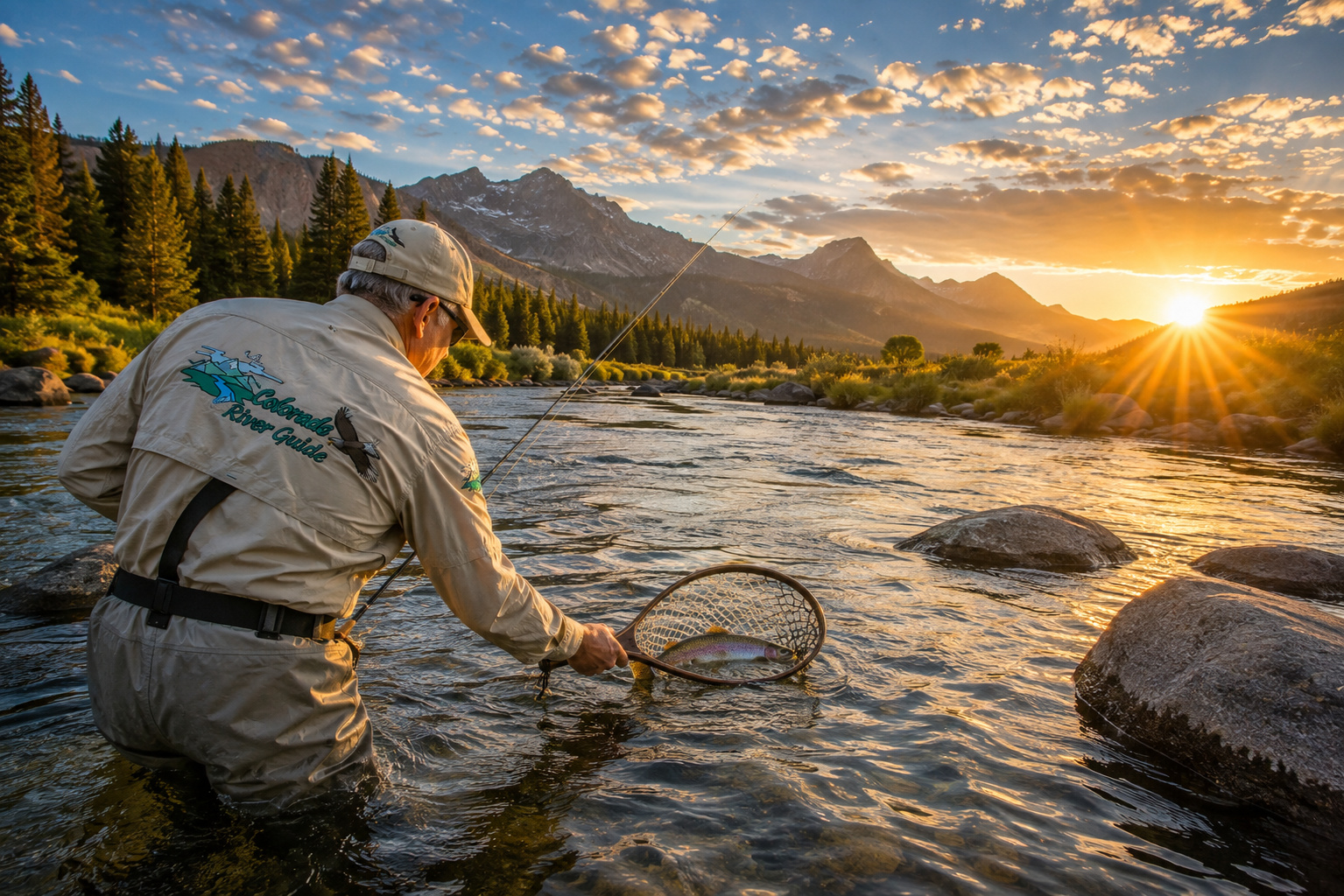 Colorado River Fly Fisherman Netting Trout Headwaters to Grand Lake